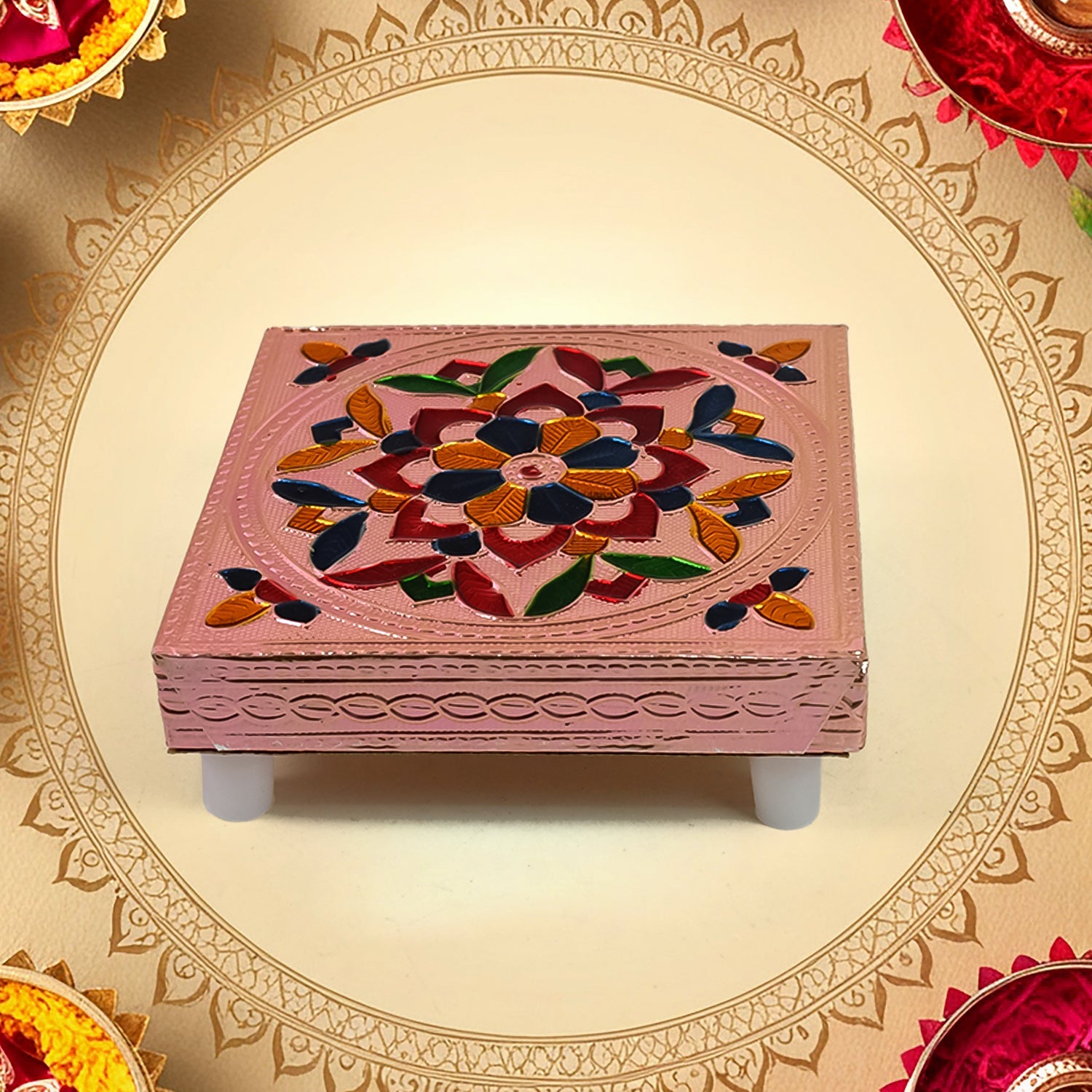 1 Pc Meenakari Wooden Chowki & Bajot Set: For Home & Office Puja (Multicolor) 1 Pc Meenakari Wooden Chowki & Bajot Set: For Home & Office Puja (Multicolor)